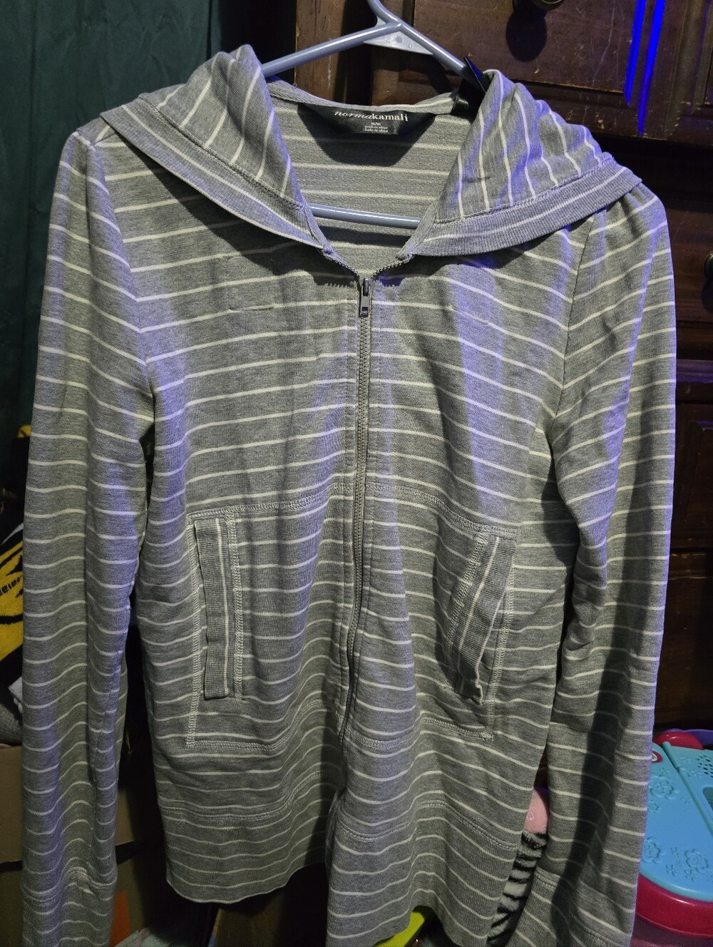 !!.     Ladies M Gray and White Striped Zip-Up Hoodie